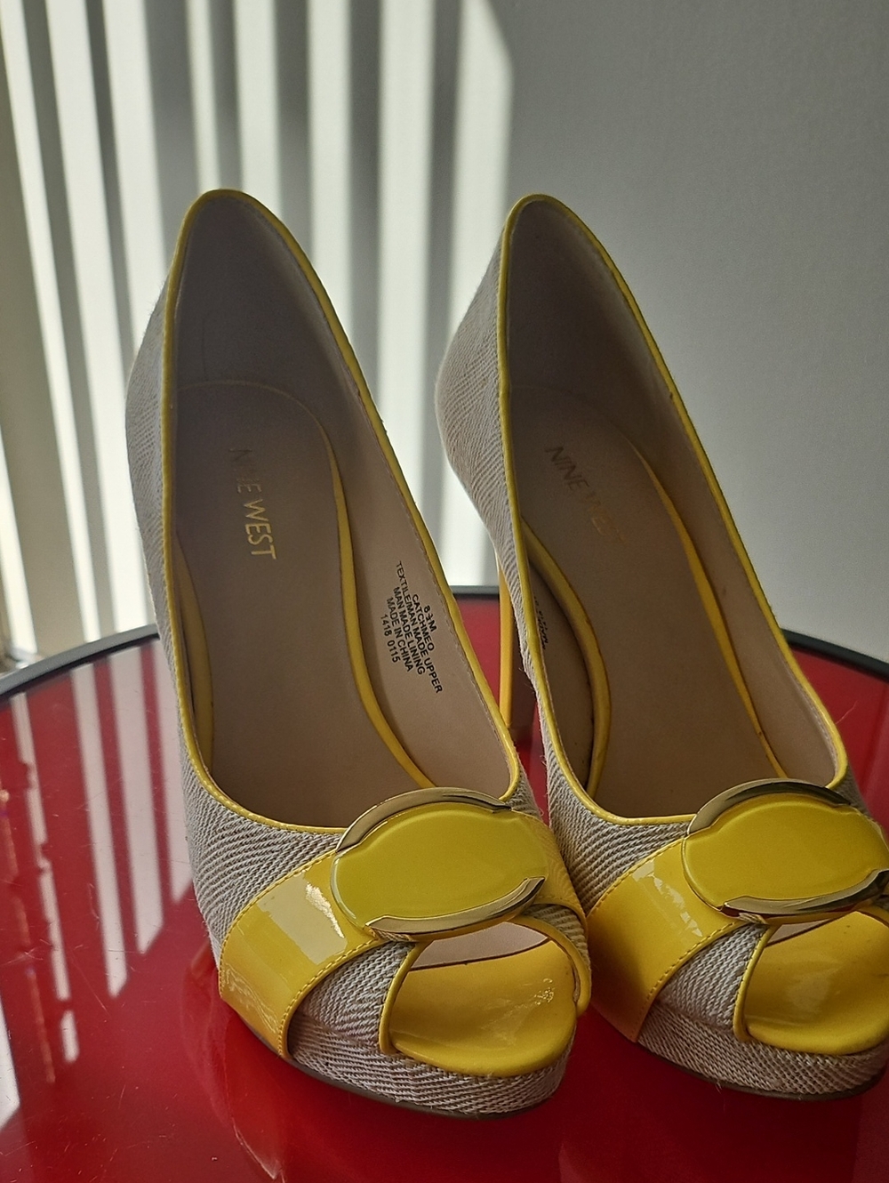 Nine West Yellow and Beige Peep-Toe Wedge Pumps